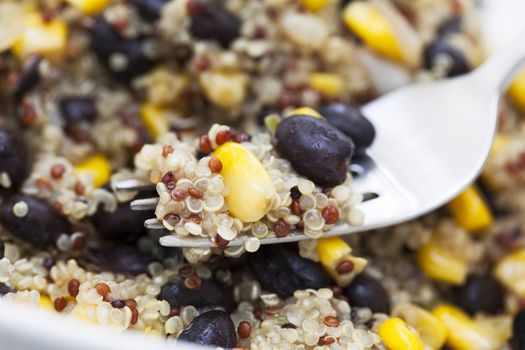 Close up of quinoa with corn and black beans on a fork