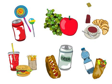 Fast food, drinks and fruits icon set, isolated and grouped objects over white background. Hand drawn sketch.