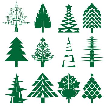 A series of 12 abstract Christmas trees isolated on white, Holiday collection