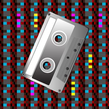 Illustration of a cassette over a pixel art pattern, hipster icon