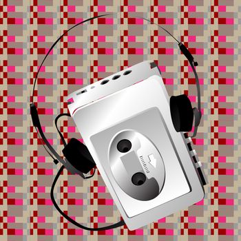 Illustration of awalkman over a pixel art pattern