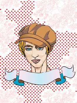 Valentine's Day card with a lovely portrait over a backround with roses and hearts 