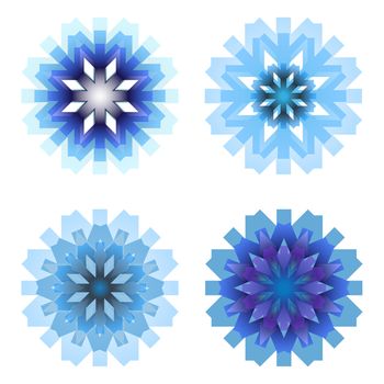 four snowflakes on a white background in blue and purple colors