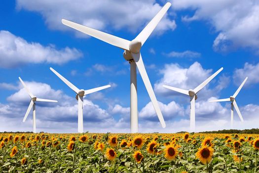 Several on-line wind turbines on the background of cloudy sky in a field of sunflowers