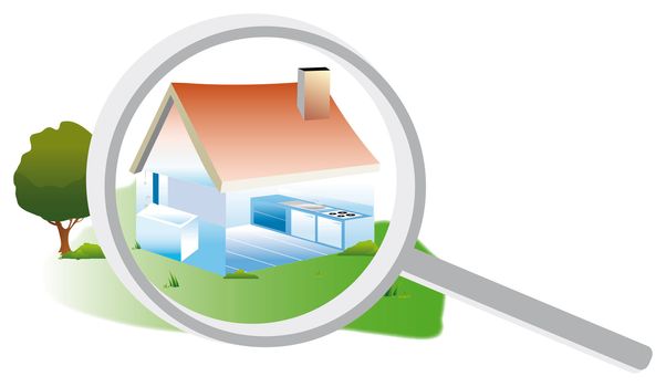 Drawing of a house exterior and interior with a magnifying glass to an energy audit