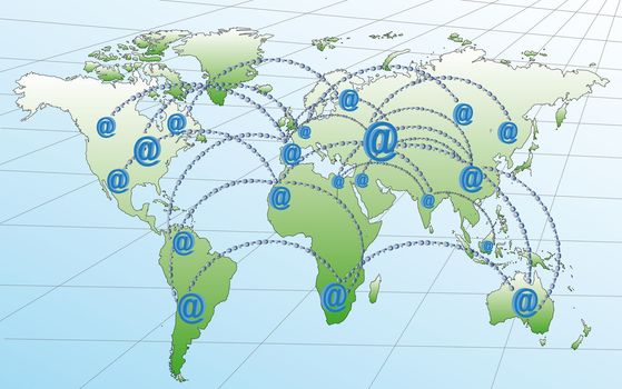 world map with route in cash on the internet in the world