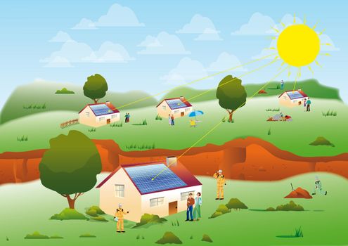 illustration of several solar homes located in a meadow for an environmentally sustainable electric power and renewable