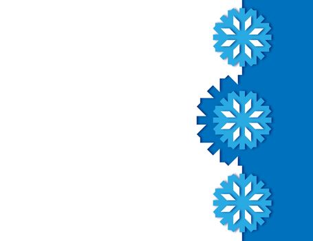 Three blue snowflakes and white on dark blue background