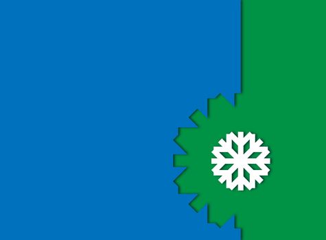 white snowflake on light blue and dark green background