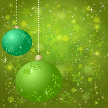 Christmas holiday background: green balls, stars and snowflakes