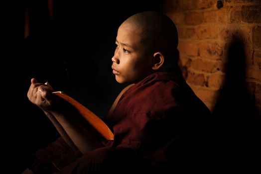 Young novice monk learning inside monastery