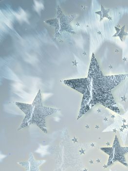 shining silver stars with radiance over grey background, abstract christmas card