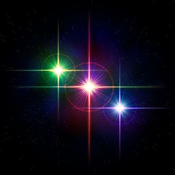 abstract lens flare, colorful stars with rays and lights over dark background