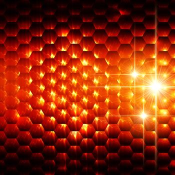 abstract orange background with hexagons and shining lights