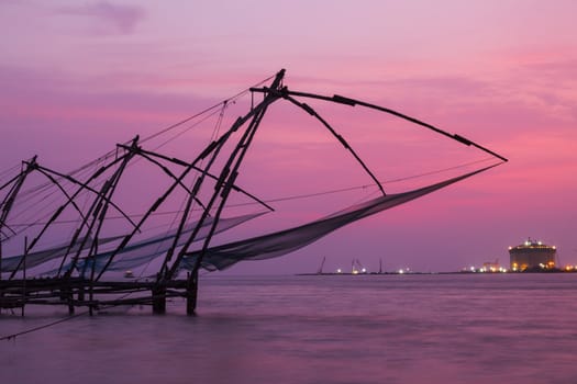 Kochi chinese fishnets on sunset. Fort Kochin, Kochi, Kerala, India