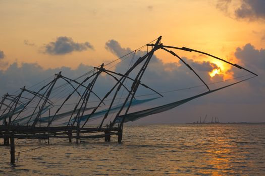 Kochi chinese fishnets on sunset. Fort Kochin, Kochi, Kerala, India