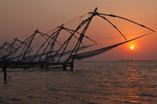 Kochi chinese fishnets on sunset. Fort Kochin, Kochi, Kerala, India