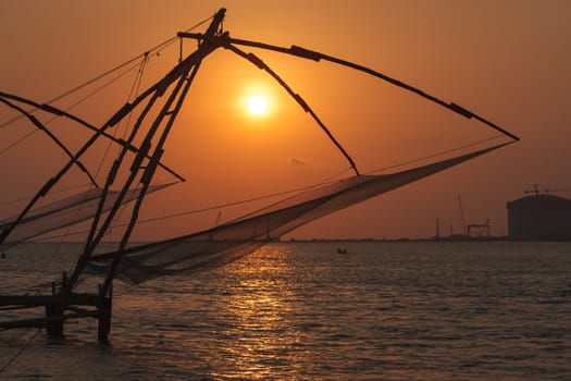 Kochi chinese fishnets on sunset. Fort Kochin, Kochi, Kerala, India