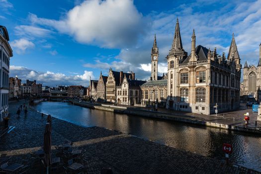 Ghent canal and Graslei street on sunset. Ghent, Belgium