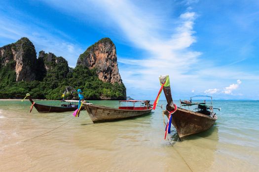 Long tail boats on tropical beach, Krabi, Thailand