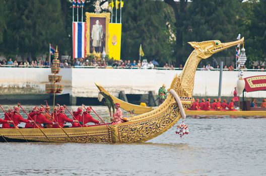 BANGKOK - NOVEMBER 2: Boats participating at a dress rehearsal for the Royal Barge Procession to celebrate the 85th birthday of King Bhumibol Adulyadej in Bangkok, Thailand on November 2, 2012.