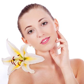 young beautiful woman portrait with white flower isloated