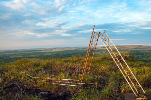 A fallen radio tower of the FARC guerrillas in Meta, Colombia.