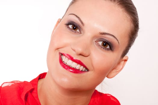 beautfiul brunette woman with red lips and big smile on white