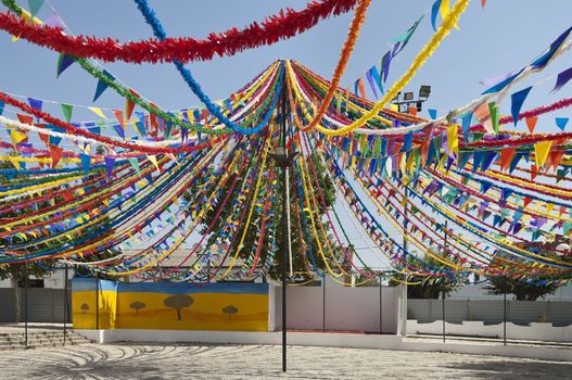 Portuguese street traditional decorationsready for a summer festival, Alentejo, Portugal