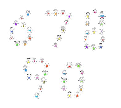 Cartoon numbers 6-9 and many children