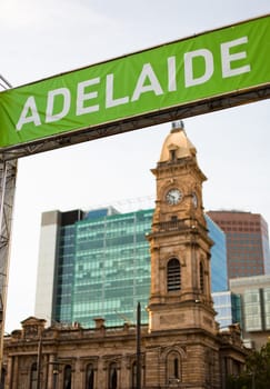 "ADELAIDE" banner and buildings in downtown Adelaide, Australia