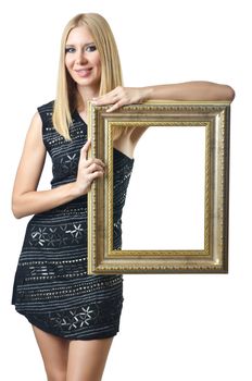 Woman holding picture frame on white