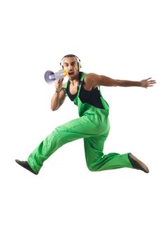 Construction worker jumping and dancing