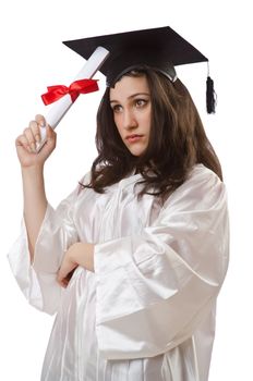 Graduate with diploma on white