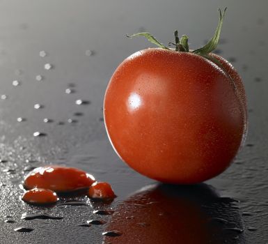 studio shot of a tomato and ketchup on wet surface