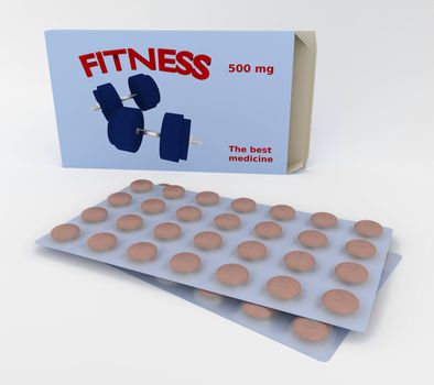 Box and blister of pills with word fitness - 3d render