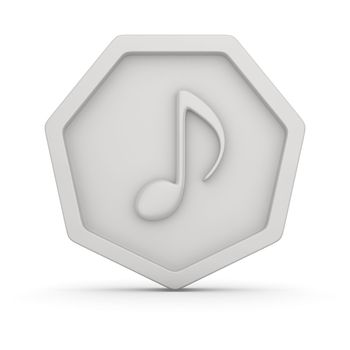 White badge with note symbol, music icon