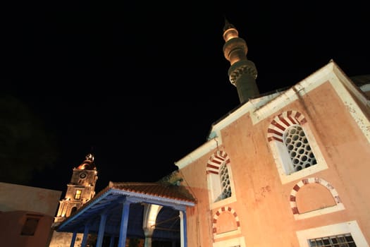 Historic mosque in Rhodes old Town at nightime