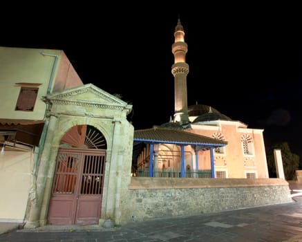 Historic mosque in Rhodes old Town at nightime