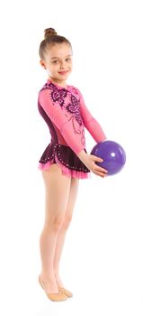 Little gymnast with ball on a white background. Sporting exercise, stretch, flexibility, aerobics
