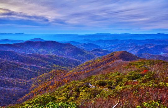 Blue Ridge Parkway Scenic Landscape Appalachian Mountains Ridges Sunset Layers over Great Smoky Mountains National Park