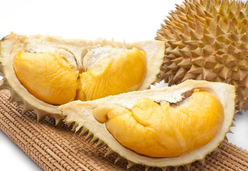 Close up of peeled durian isolated on white background.