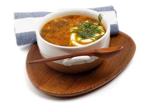 Homemade Cabbage Soup with Sour Cream and Dill in Bowl on Wood Plate with Spoon closeup on white background