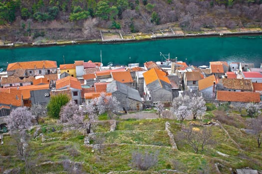 Novigrad Dalmatinski house rooftops and channel aerial view, Dalmatia, Croatia