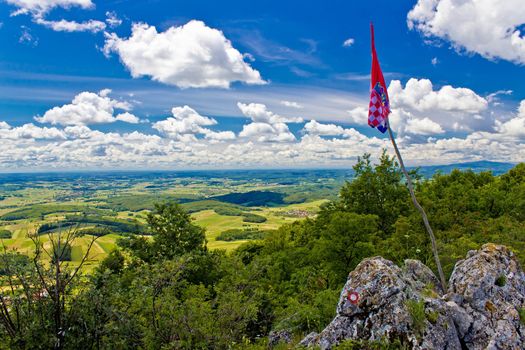 Kalnik mountain peak view with flag of Croatia, Prigorje region