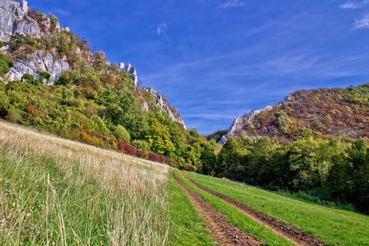 Mountain nature - tractor track to canyon, autumn on Kalnik mountain, Prigorje, Croatia