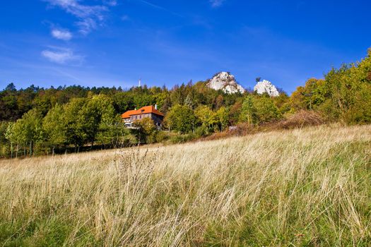 Beautiful nature scenery of Kalnik mountain with mountain lodge & cliffs
