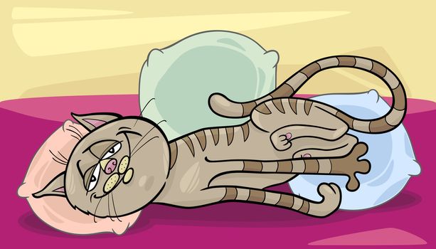 Cartoon Illustration of Happy Sleepy Tabby Cat on the Bed with Pillows