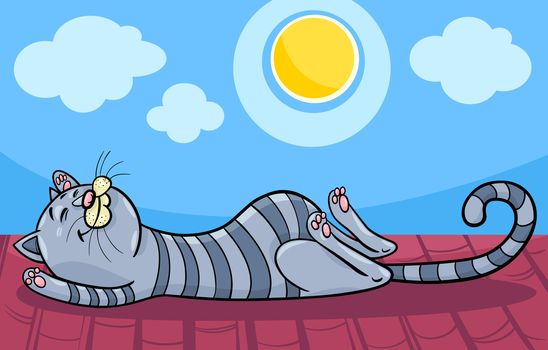 Cartoon Illustration of Funny Tabby Cat Sleeping on the Roof in the Sun