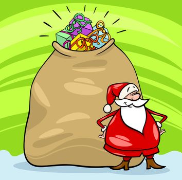 Cartoon Illustration of Funny Santa Claus or Papa Noel with Huge Sack Full of Christmas Presents